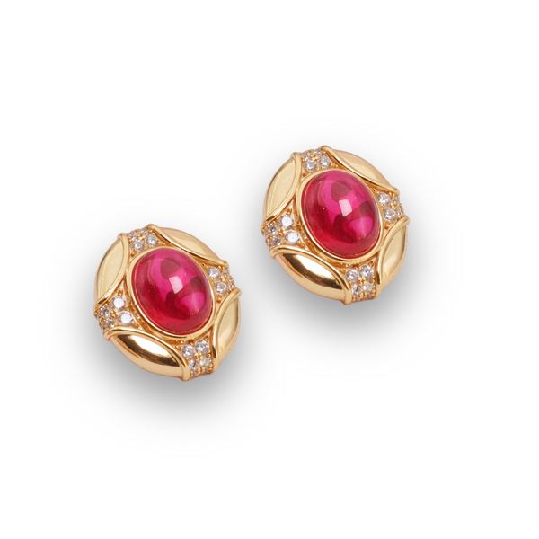 Firenze Collection Lab-Grown Ruby Cabochon Stud Earrings Plated in 18K Gold