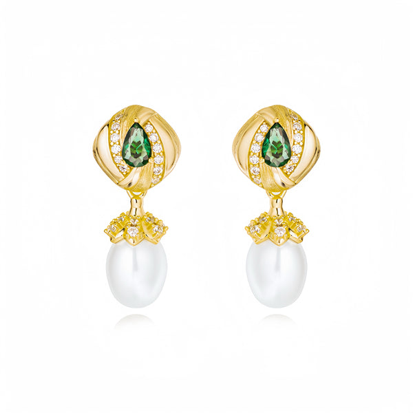 Art Deco Emerald Fresh Water Pearls Multi Wear Drop Stud Earrings