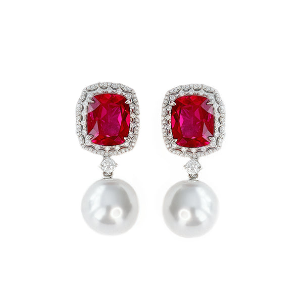 Cushion Cut Piegon Blood Multi Wear Drop Stud Earrings 18K Gold Plated