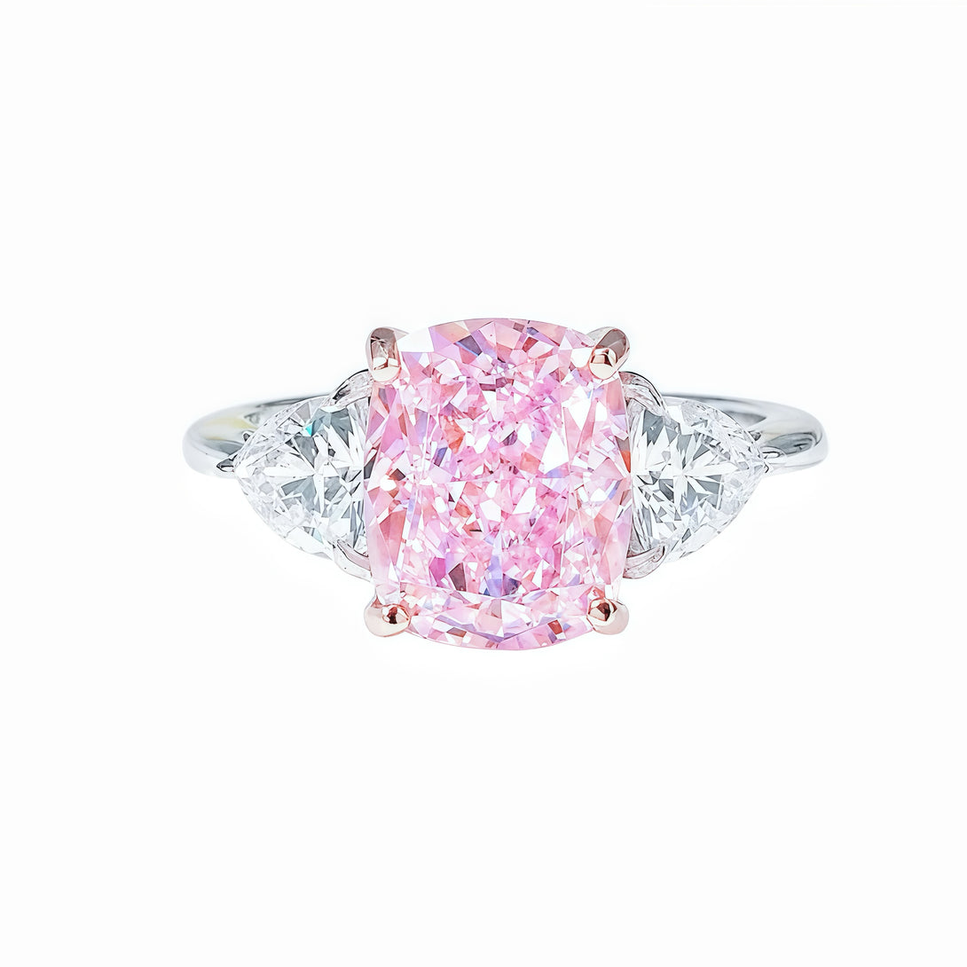 Cushion Cut Pink Cherry Blossom Three Stone Ring