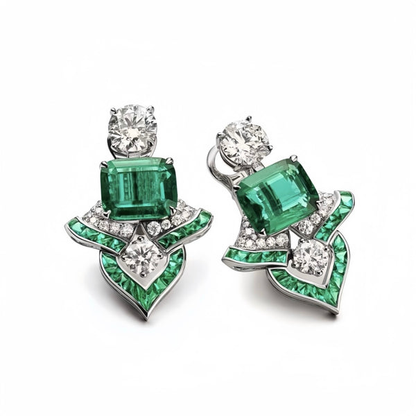 Art Deco Emerald High Carbon Diamond Earrings